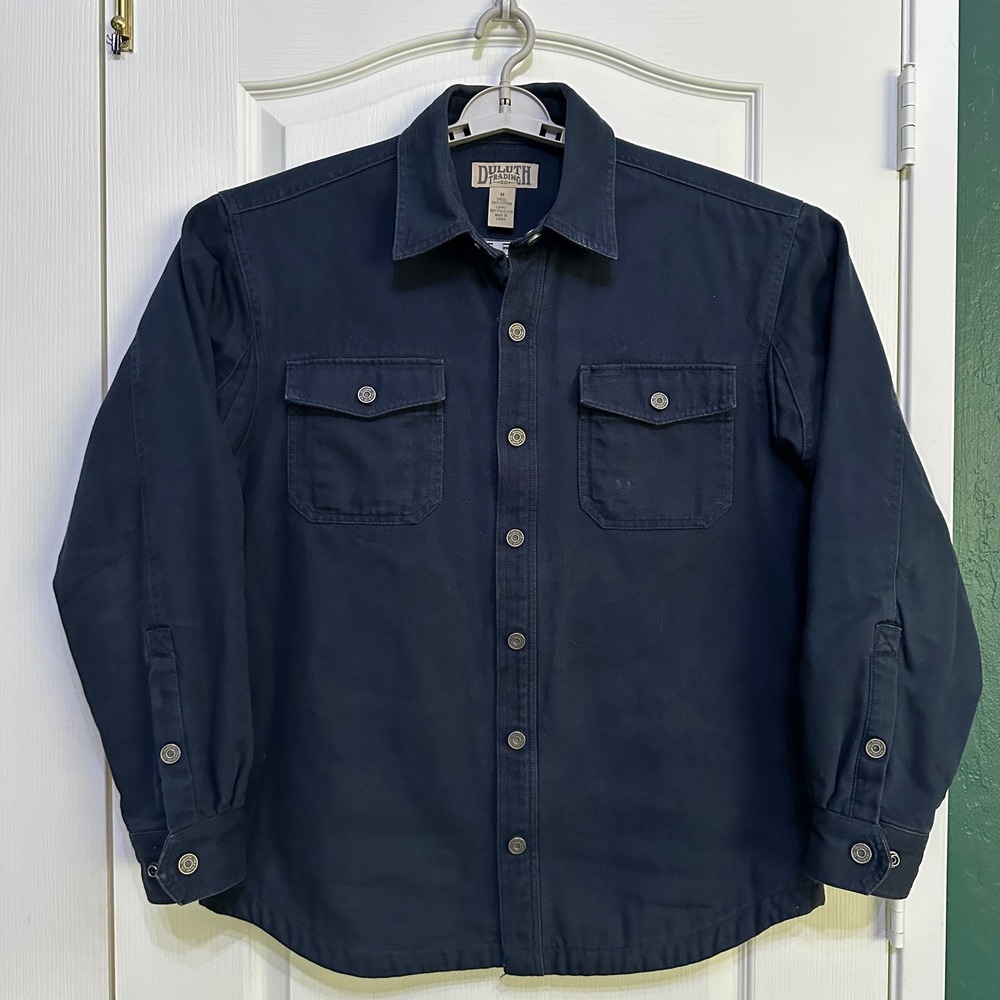 Duluth Trading Co Canvas Shirt Fleece Lined Jacket M Navy Blue Workwear Rugged